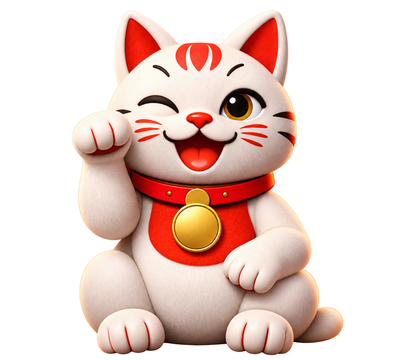 El gato de la suerte de VivaChina, blanco con detalles rojos y su patita levantada